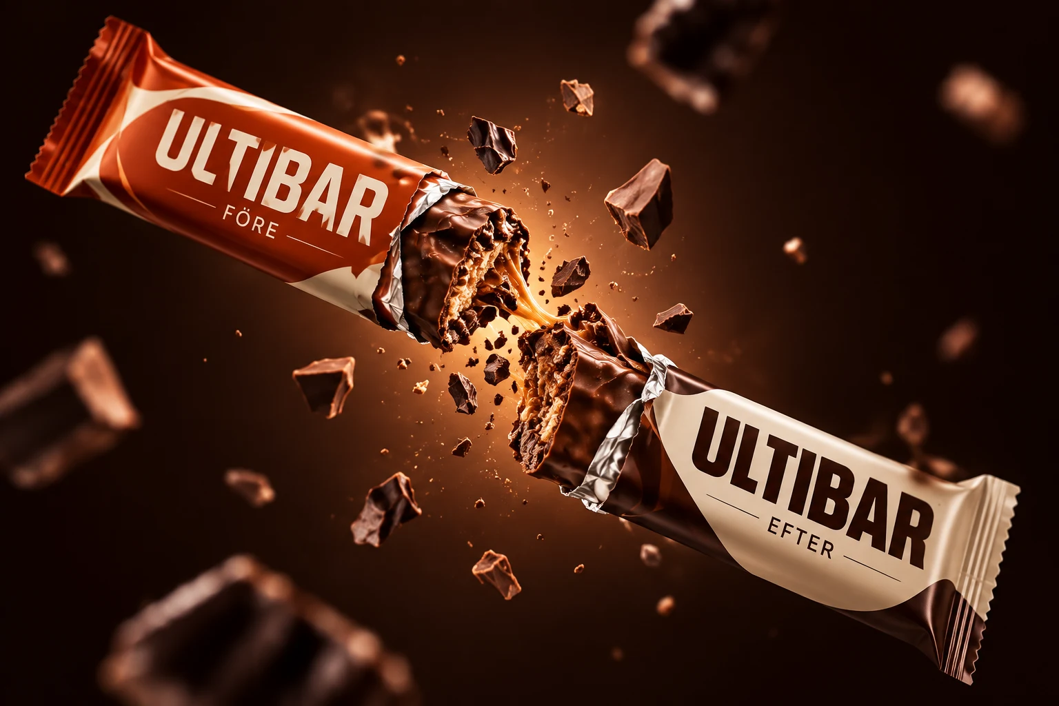Konceptbild av en Ultibar-förpackning med två bars: en mörk märkt Före och en ljus märkt Efter, som dras isär bland chokladbitar.